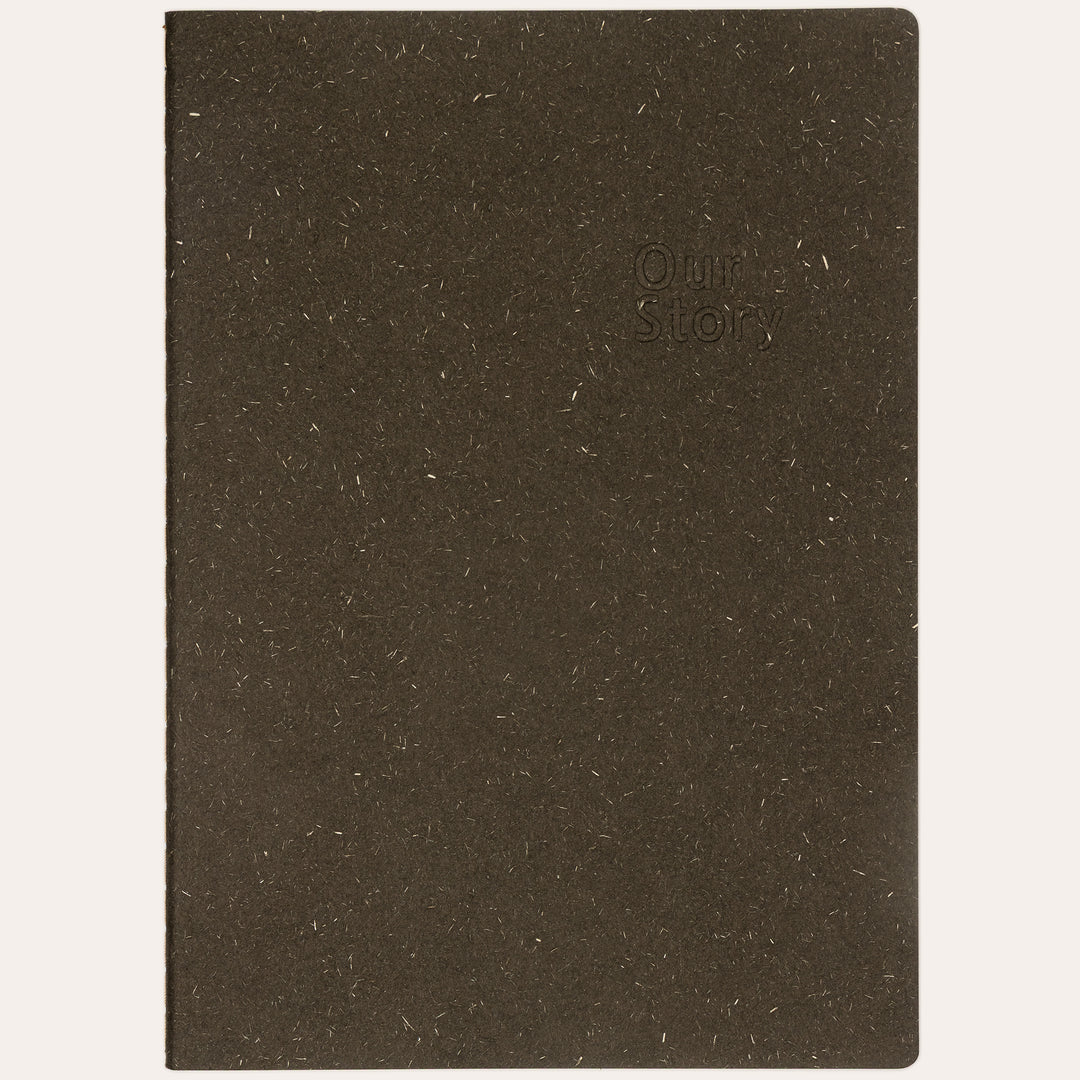Amber Fields black lined notebook flat lay – natural texture straw-fiber cover journal
