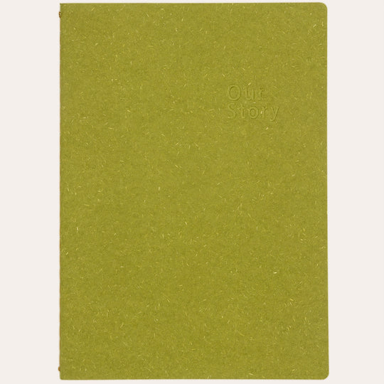Amber Fields olive green lined notebook flat lay – natural texture straw-fiber cover journal
