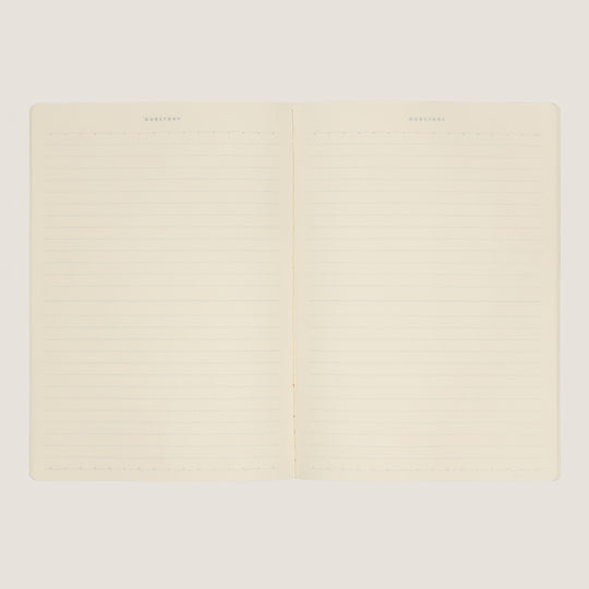 Amber Fields open lined notebook with ivory cream paper – top view for writing and journaling