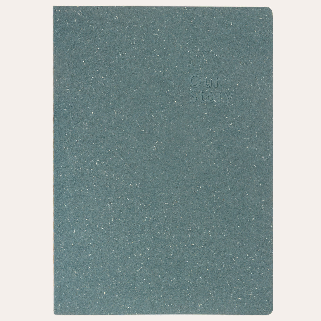 Amber Fields teal blue lined notebook flat lay – natural texture straw-fiber cover journal