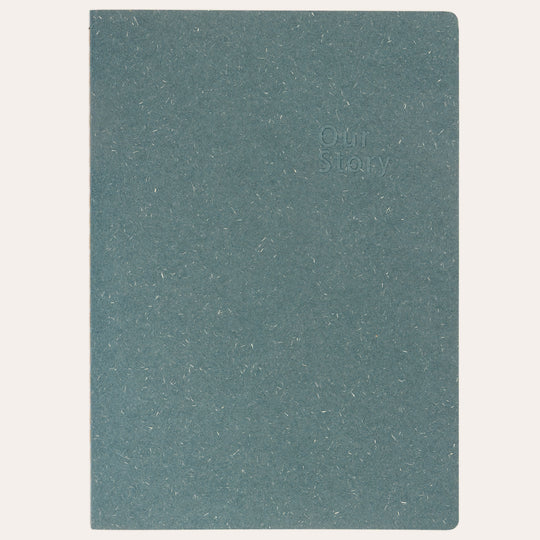 Amber Fields teal blue lined notebook flat lay – natural texture straw-fiber cover journal